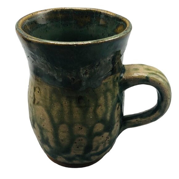 handmade ceramic coffee cup green drip spill design mirror glazed READ - Picture 1 of 5